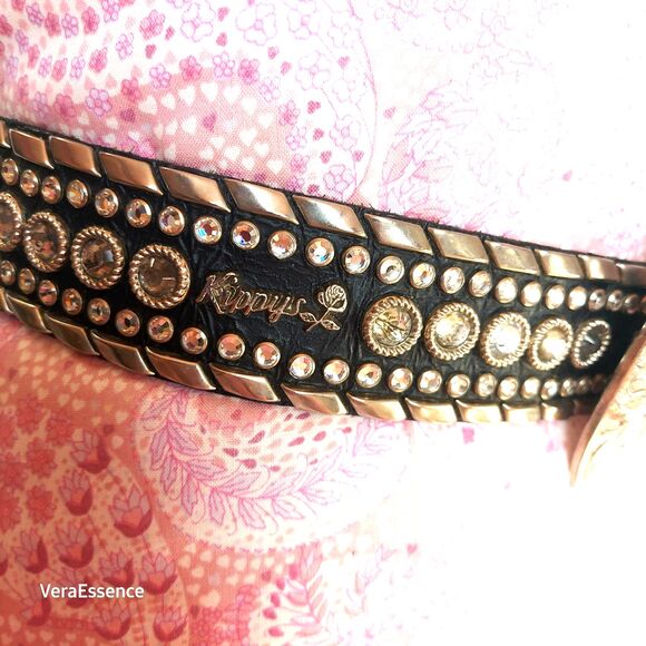 Kippys Rhinestone Black Studded Leather Belt with Embossed Large Buckle Sz32 main image 4